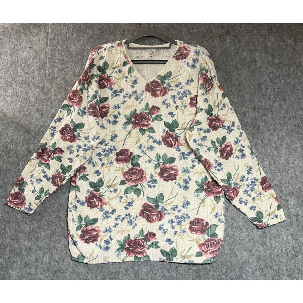 Vintage Shirt Women Large Cream Floral Long Sleeve Pullover Cottage Prairie Top
